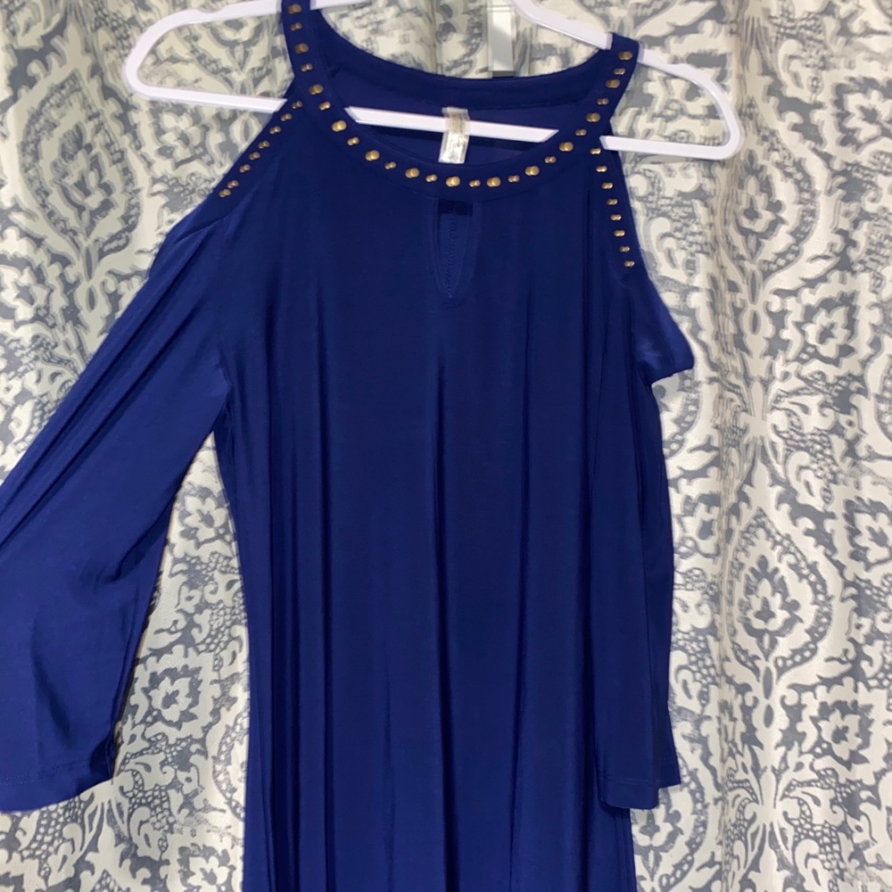 blue cold shoulder dress
